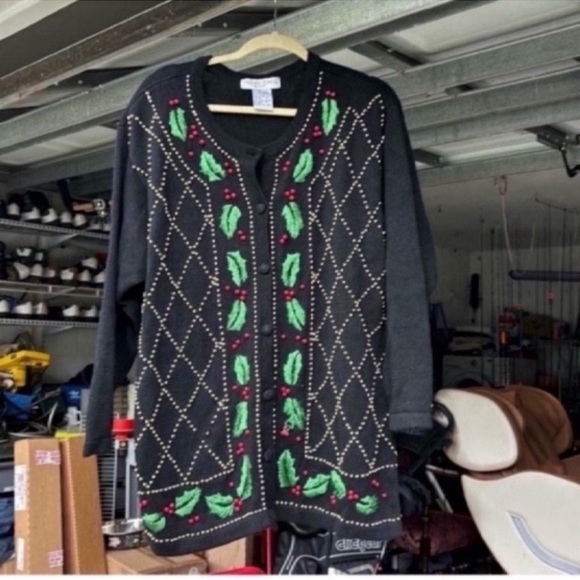 Victoria Jones Woman Black and Green Cardigan Sweater - Picture 2 of 6